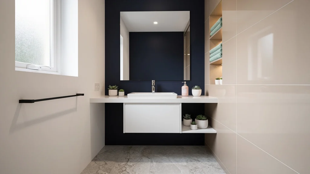 Aménagement de petite salle de bain lumineuse avec couleurs claires et touches foncées élégantes