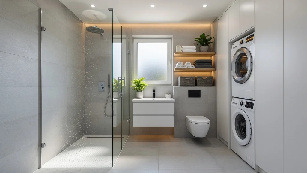 Aménagement de petite salle de bain optimisé avec douche à l’italienne, rangements fonctionnels et style contemporain