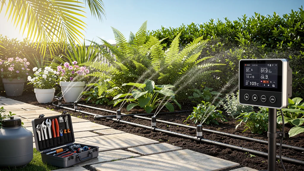 Système d’arrosage automatique efficace pour plantes en vacances dans un jardin bien entretenu